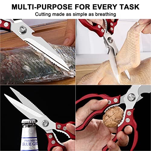 CGBE Kitchen Scissors All Purpose Heavy Duty, Ultra Sharp Stainless Steel Kitchen Shears Dishwasher Safe, Cooking Shears for Chicken, Poultry, Fish, Meat, Herbs & Grapes with Non-Slip Grips (Red) - Thumbnail 2