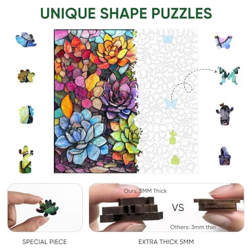 Delobi Stained Glass Puzzle Succulent Wooden Puzzles for Adults 200 Pieces, Unique Challenging Jigsaw Puzzles Gift for Friends Family Game Medium Size 11.2'' x11.2'' - Thumbnail 3