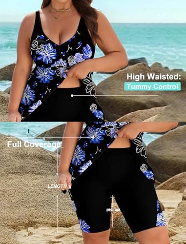 Arolina Swimming Suits for Women Two Piece Tummy Control Swimsuits Modest Swimwear with Shorts Purple Floral (26W) - Thumbnail 5