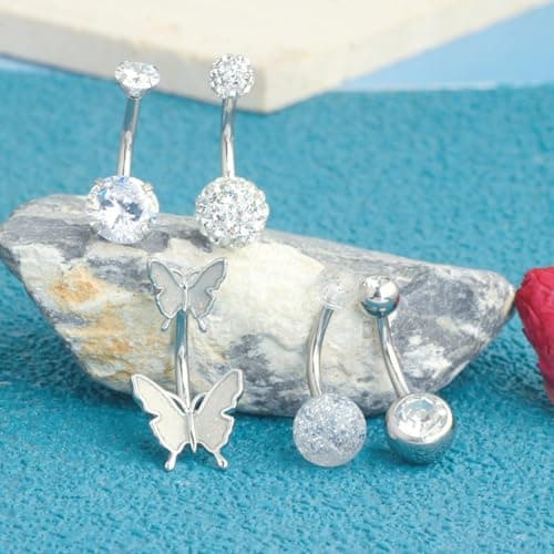 JBUJBU 5 Pcs Belly Button Rings Set - 14G Hypoallergenic Surgical Steel CZ Navel Piercing Jewelry, Silver Clicker Belly Rings for Women, Butterfly & Ball Design Belly Rings - Thumbnail 3