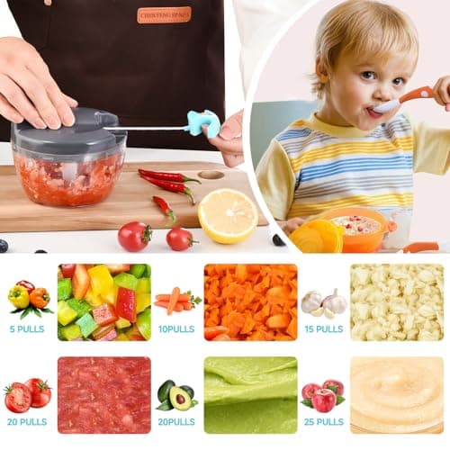 Ziweaye Manual Food Processor Vegetable Chopper, Portable Hand Pull String Garlic Mincer Onion Cutter for Veggies, Ginger, Fruits, Nuts, Herbs, etc., 500ml,（Gray-blue） - Thumbnail 3