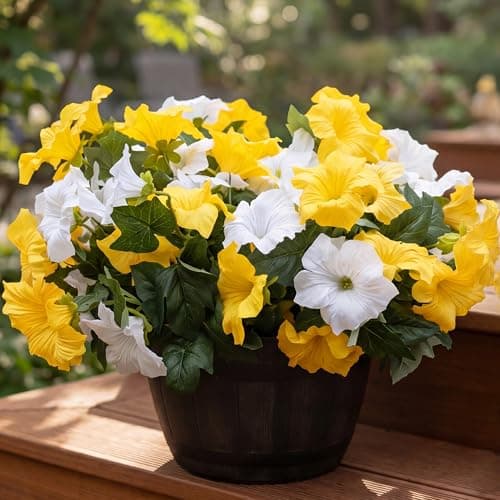Vemander Artificial Fake Flowers Plants for Outdoor Decoration, 4PCS Faux Petunias Silk Flower UV Resistant No Fade for Home Outside Garden Balcony Yard Porch Realistic Indoor Decor (Yellow/White) - Image 1
