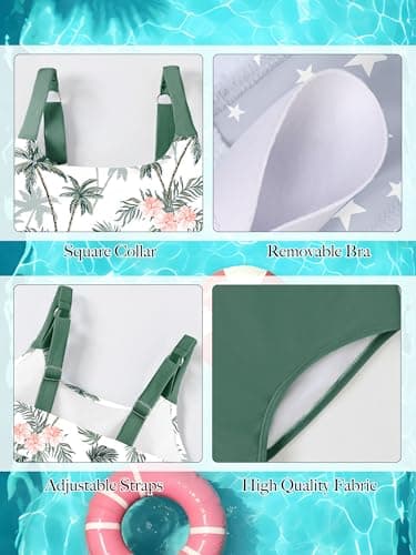 GEMLON Girls Swimsuits Size 10-12 Two Piece Sets Tiered Ruffled Tropical Tank Top Tankini with Shorts Bathing Suits for Girls Green - Thumbnail 5