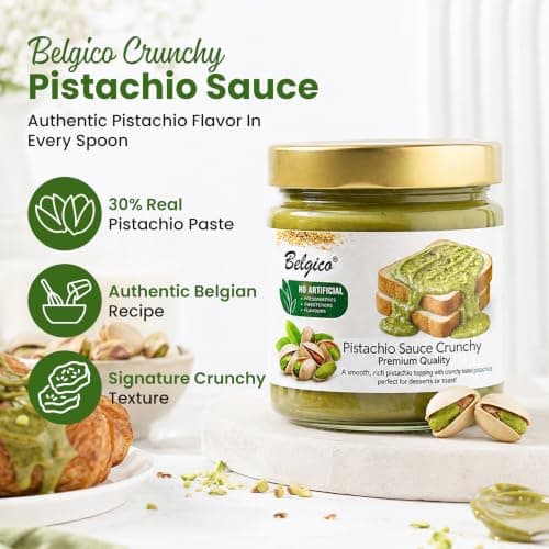 Belgico Crunchy Pistachio Sauce, 30% Pistachio, Gourmet Nut Butter with Toasted Pistachio Pieces Ideal for Dubai Chocolate Bar Filling, Kataifi, & Pastry Toppings 7oz (200g) - Thumbnail 3