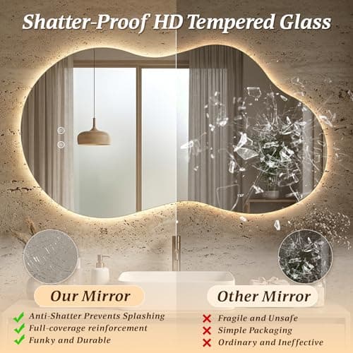 Irregular LED Mirror with Lights 40x24 Inch Backlit Asymmetrical Bathroom Mirrors for Wall Cloud Lighted Vanity Mirrors Shatterproof, Anti-Fog, Dimmable, 3 Colors (Horizontal/Vertical) - Thumbnail 4