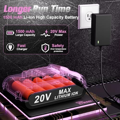 TIKEOL 20V Cordless Pink Drill Set with Battery & Charger, 2-Speed Power Drill for Women, Pure Copper Motor, 250 In-lbs, 3/8" Keyless Chuck, Tool Kit for Home DIY（Pink） - Thumbnail 6