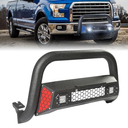 Partree Bull Bar Fit for Ford F150 2004-2025 with LED Light & w/License Plate Bracket DIY Paintable Truck Front Bumper Brush Push Bar Front Grille Guard Protector - Image 1