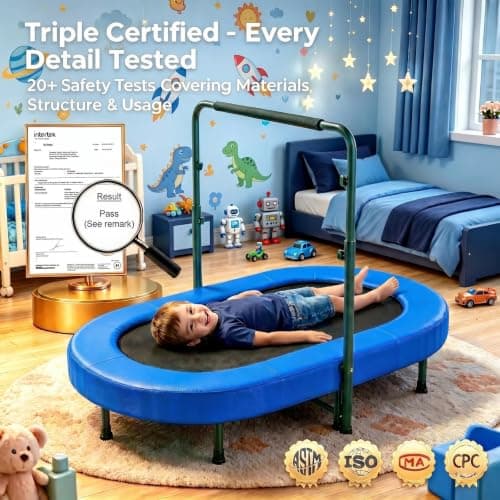 ANCHEER Trampoline for Kids, Toddler Trampoline Indoor Sports and Outdoor Games 56" Kids Rebounder 220LBS Capacity with Adjustable Safety Handrail Foldable Jumper for Boys and Girls (Deep Blue) - Thumbnail 2