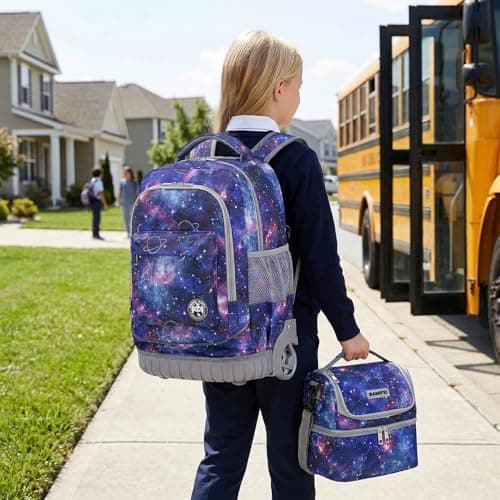 BAMIFEI 18 Inch Purple Galaxy Rolling Backpack for Girls, Galaxy Backpacks Girls Backpack with Wheels School Backpack Spacious Multiple Compartments Quiet Wheels Travel Backpack for Kids - Thumbnail 6