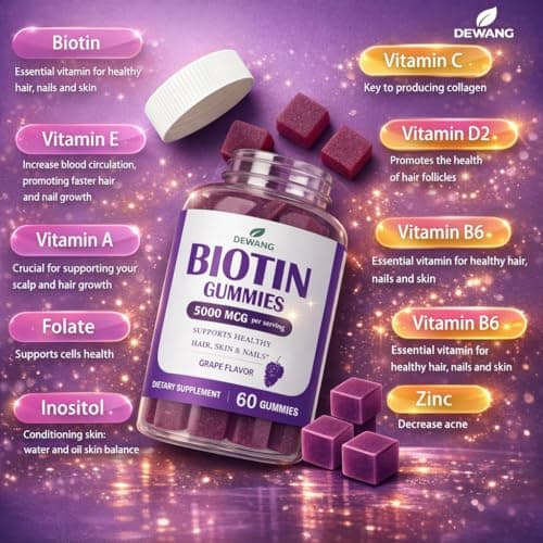 DEWANG Biotin Gummies 5000mcg – Hair, Skin & Nails Support with Zinc & Vitamin C – Vegan Sugar-Free Non-GMO – 60 Count - Thumbnail 5