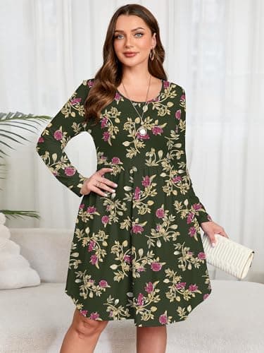 AusLook Women's Plus Size Long Sleeve Midi Dress Crewneck Casual Empire Waist Loose Flowy Dresses A-Line Boho Party 2025 Fall Winter Long Yellow Leaves Rose 1X Dress with Pockets - Thumbnail 2