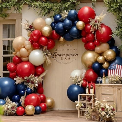Red Blue Balloon Garland, Double Stuffed Navy Blue Red White Sand Pearl Balloon Arch Kit Nude Gold Balloons for Baby Shower Birthday Wedding Graduation Independence Day Party Decorations - Thumbnail 2