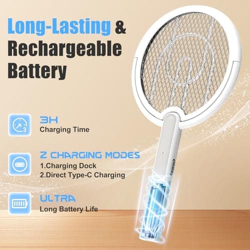 Rotating Head Electric Fly Swatter Racket, Bug Zapper Indoor with Long Telescopic Extension 4000V USB Rechargeable Mosquito Zapper Killer with Charging Base, 3 Modes Automatic & Manual - Thumbnail 4