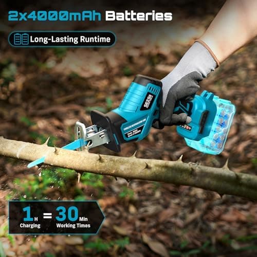 SEESII Reciprocating Saw Cordless, Variable Speed 3500 RPM Brushless Motor with 6 Saw Blades, 2 x 4.0Ah Batteries, LED Light, Tool‑Free Blade Change, Portable for Wood PVC Cutting - Thumbnail 2