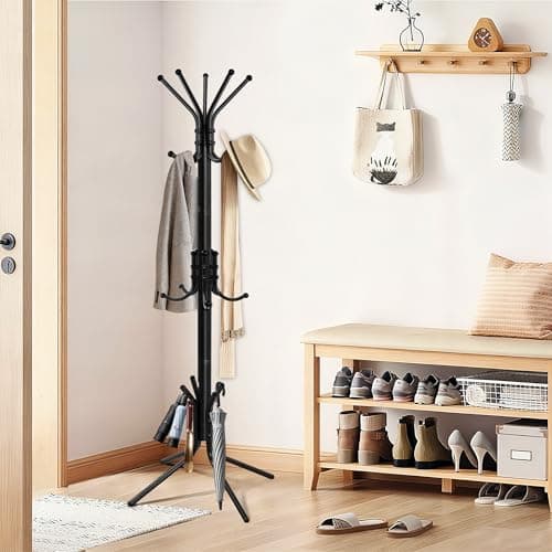 Outspurge Metal Coat Rack, Freestanding Coat Tree & Hall Tree with 15 Hooks, Sturdy Coat Rack Stand and Hat Rack, Coat Hanger for Entryway, Bedroom, Office for Jackets, Hats, Bags,Black - Thumbnail 2