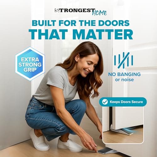 Strongest Home Heavy Duty Door Stopper Wedge (2 Chrome PCs) | Non-Slip Rubber and Metal Door Stop for Heavy Doors | Work on Wood, Tile, Carpet + 2 White Wall Protectors - Thumbnail 2