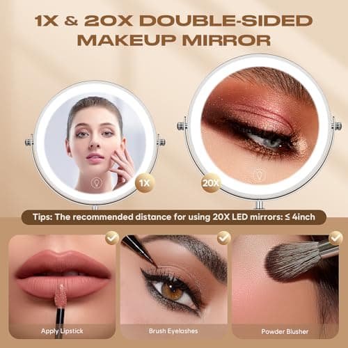 Dienmern Makeup Mirror with Lights, 1X/20X Double-Sided Magnifying Vanity Mirror, 360° Rotation, 5000mAh Rechargeable Adjustable Brightness with 3 Colors for Dorm, Living Room, Women Gift - Thumbnail 5
