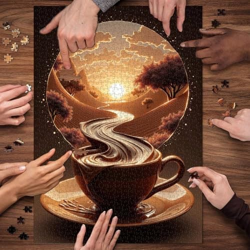 Sunset Coffee Puzzles for Adults 1000 Pieces, Fantasy River Nature Landscape Art Jigsaw Puzzle, Challenging Aesthetic Coffee Cup Puzzle for Home Wall Decor - Thumbnail 6