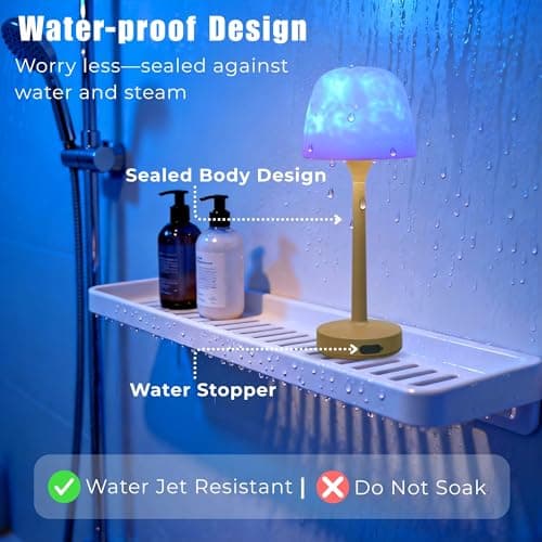 Waterproof Shower Light with Ocean Wave Projector - Rechargeable, Cordless Bathroom Lamp with 16 Colors, Remote & Touch Control, Dimmable LED for Shower, Bathtub, and Bedroom Relaxation (Khaki) - Thumbnail 6