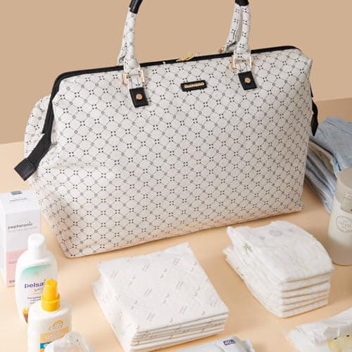 SUNVENO Large Mommy Hospital & Travel Diaper Bag Tote, Weekender Organizer Bag for Mom & Baby with Changing Pad, 2 Pouches & Luggage Sleevet, White Classic - Thumbnail 5
