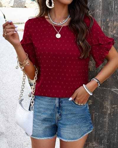 PRETTYGARDEN Women's Tops 2026 Summer Ruffle Short Sleeve Crewneck Blouses Swiss Dots Solid Loose Tunics Work Shirts(Wine Red,X-Large) - Thumbnail 3