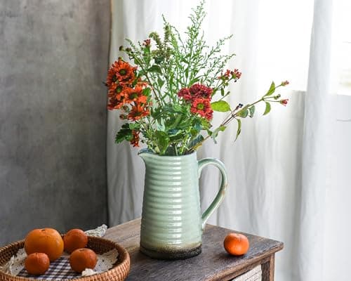 Quoowiit Ceramic Rustic Vase with Handle, Green Distressed Decorative Farmhouse Pitcher Vase for Home Decor Living Room Bedroom Kitchen Office Shelf Decor Centerpiece Table Decoration - Thumbnail 2