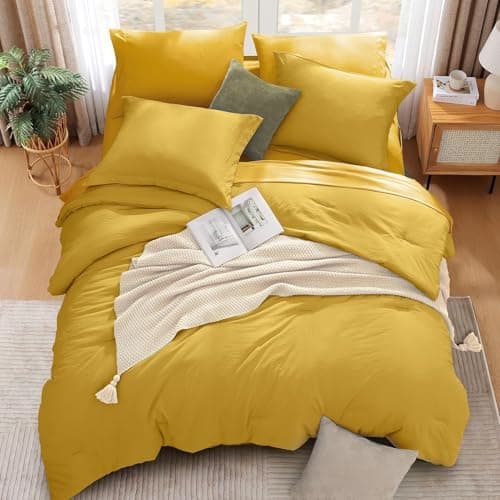 WRENSONGE King Size Comforter Set- 7 Pieces Soft Yellow Bed in a Bag with Fitted Sheet, Flat Sheet 2 Pillow Shams, and 2 Pillowcases- King Bedding Set for All Season - Thumbnail 2