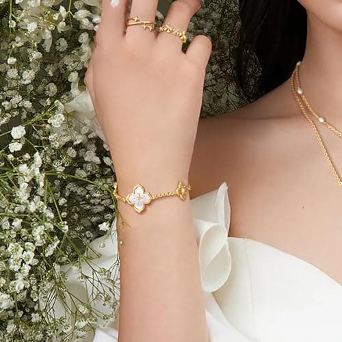FETERO Gold Bracelets for Women Trendy, Dainty 14K Gold Plated Charm Clover Bracelet 2 Sided MOP Lucky Pendant Cute Pearl Beaded Bracelets Link Chain Waterproof Womens Jewelry Gifts - Thumbnail 2