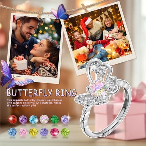 Birthstone Butterfly Opening Ring - 925 Sterling Silver Firework-Cut Cubic Zirconia January Garnet Adjustable Anniversary Engagement Promise Ring Birthday Jewelry Gift for Women Wife Daughter DR165J - Thumbnail 5