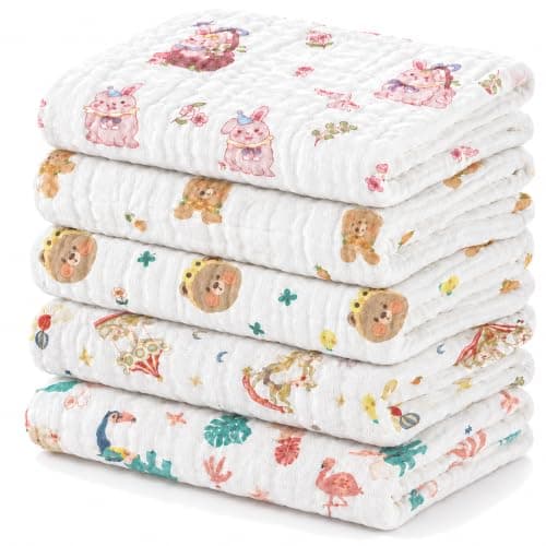 Baby Burp Cloths 5 Pack, 100% Cotton Muslin Burp Cloths, Baby Essentials, 6 Layer Gauze Burp Rags, Soft Absorbent Breathable Newborn Burping Cloths, Multi-Use for Spit Up, Drool & Feeding, 10" x 20" - Image 1