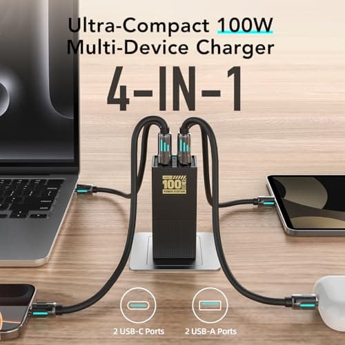 MFish 100W USB-C Charger, Foldable Fast Laptop GaN Charging, 4-Port USB-C & USB-A Wall Charger Power Adapter Ports for 16'' MacBook Pro, Dell XPS, iPhone 17/16/15 Pro Max, Tablet 6-in-1 Power Strip - Thumbnail 3