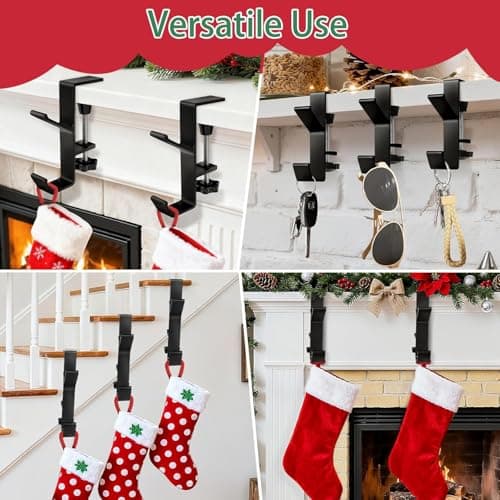 4 Pack Stocking Holders for Mantle for Christmas Decorations,2 in 1 Mantle Garland Holder for Hanging Christmas Stockings,No Drilling Required & Adjustable Garland Hanger, Metal(Black) (4 Black) - Thumbnail 4