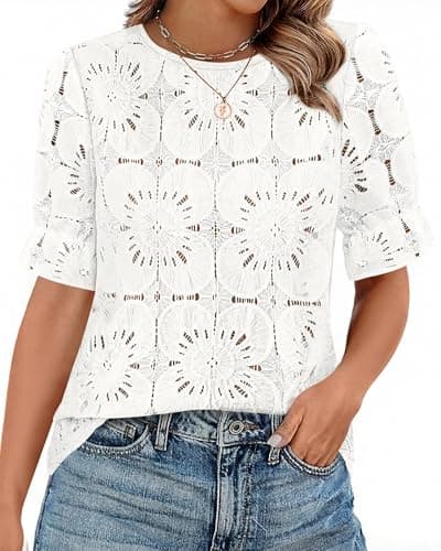 KIRUNDO Lace Tops for Women Blouses Dressy Casual Boho Eyelet Puff Short Sleeve Shirts Spring Summer Clothes Vacation Outfits(White, XX-Large) - Image 1