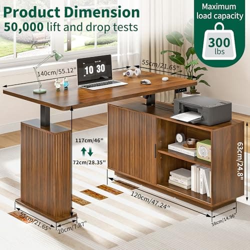 Electric L Shaped Standing Desk with Storage, 55 x 47 Inch Mid Century Modern Corner Sit Stand Up Desk, Wooden Adjustable Height L Office Desk Computer Executive for Home, Laptop, Fluted, Walnut - Thumbnail 2