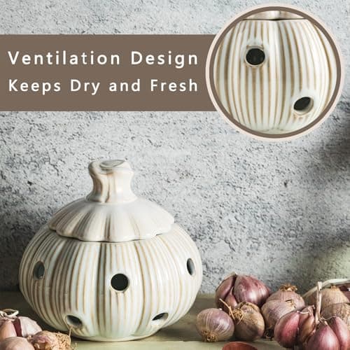 Cormomu Garlic Storage Pod Ceramic Garlic Keeper with Lid Large Garlic Container for Counter, White - Thumbnail 2