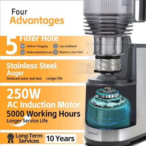 VITAPLUS Stainless Steel Auger Cold Press Juicer, AC Motor Slow Masticating Juicer, Plastic-Free Extractor for Whole Fruits & Vegetables, 5.8" Wide Chute, BPA-Free, Easy to Clean, FDA21 CFR Tested - Thumbnail 6