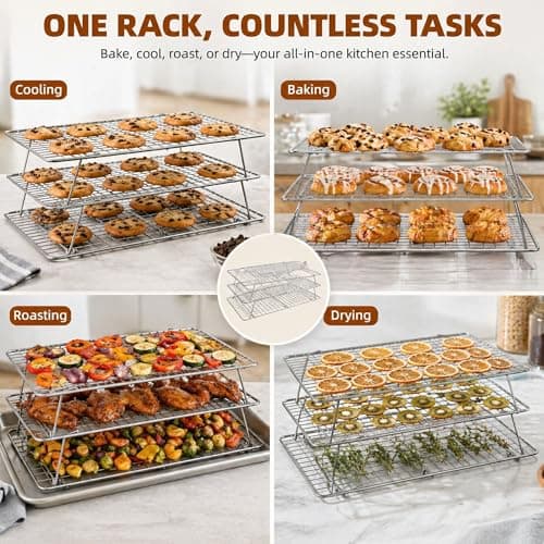 JINANJUNGU Cooling Rack, 3 Tier Stackable Cooling Racks for Cooking Baking Roasting, Multi-Level Collapsible Cookie Rack for Cakes, Oven Safe & Easy Clean (Silver, 3-Tier) - Thumbnail 6