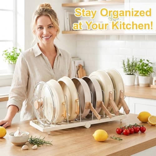 TOMSHUB Foldable Pots and Pans Organizer Under Cabinet, 8 Adjustable Stainless Steel Dividers,28.5" L x 9.1" W x 9.9" H Expanded, Folds Flat, Heavy Duty Kitchen Cabinet Organizer with Lid Holder - Thumbnail 4