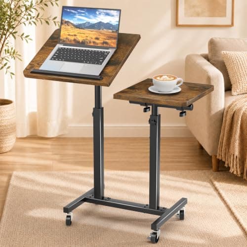 Elowen Double-Pole Portable Rolling Laptop Standing Desk with Wheels, Large-Size Tilting Overbed Bedside Table, Mobile Adjustable Height Computer Workstation for Office Home Use