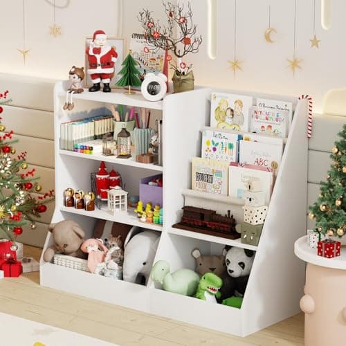 IKALIFE 39" Large Kids Wooden Bookshelf and Toy Storage Organizer, Baby Bookcase with Sling Book Rack, Children Toddler Wooden Book Shelf for Kids Rooms, Playroom, Classroom, Nursery, School (White) - Image 1