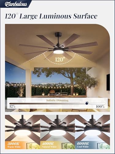 Fanbulous 65 Inch Ceiling Fan with Light and Remote, 6 Speeds Reversible DC Motor Ceiling Fans for Living Room Patio Garage, 3CCT Dimmable LED, 8 Wood Blades, Downrod Mount, Sloped Ceiling Compatible - Thumbnail 3