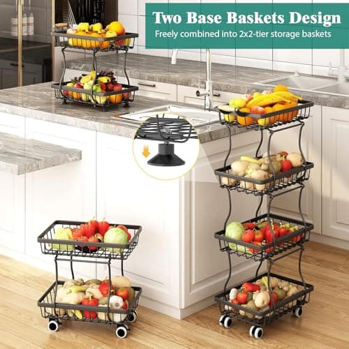 MJIMKE 4-Tier Vegetable Fruit Basket for Kitchen, Rolling Pantry Floor Organizer and Storage Cart with Wheels, Stackable Wire Product Basket Stand Potato Onion Bins Snack Rack for Pantry - Thumbnail 3