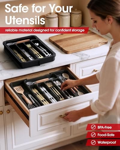 Aujen Silverware Organizer - Expandable Kitchen Drawer Organizer, Adjustable Utensil Organizer, Cutlery Tray for Forks, Knives, Multipurpose Kitchen Organizers and Storage Solution, Black, Medium - Thumbnail 3
