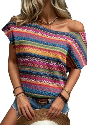Dokotoo Summer Boho Tops for Women Crewneck Short Sleeve Color Block Women's Clothing Casual T Shirts 2026 Striped Trendy Cute Beach Vacation Crop Tops Womens Blouses Clothes Multicolour - Image 1