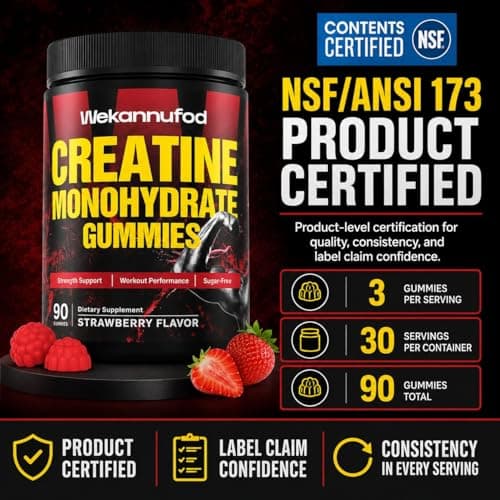 Wekannufod NSF/ANSI 173 Certified Creatine Monohydrate Gummies, 5000mg Creatine per Serving, Sugar-Free Creatine Gummies for Men & Women, Vegan, Gluten-Free, Non-GMO, Strawberry Flavor, 90 Count - Thumbnail 2