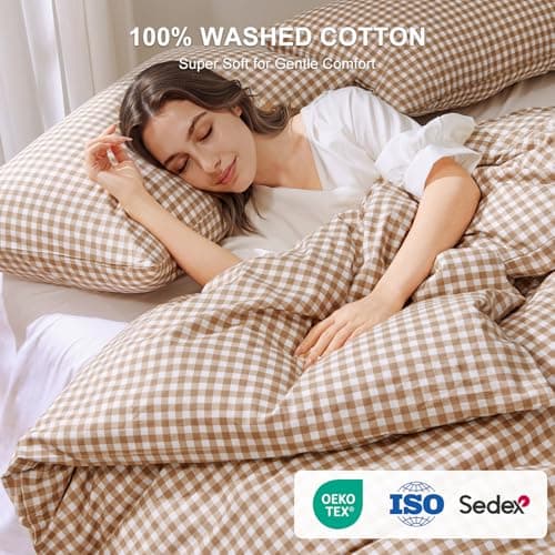 Yuncojin Gingham Duvet Cover Set Queen Size 3 Pieces Plaid Grid Duvet Cover,100% Cotton Plaid Comforter Cover,Farmhouse Checkered Gingham Bedding - Thumbnail 3