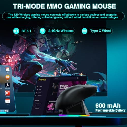 SOLAKAKA SM820 Wireless Gaming Mouse with RGB Charging Dock,24000 DPI Tri-Modes Wireless Mouse with 2 Side Buttons,Programmable Macro Mouse for Gaming(Black) - Thumbnail 4