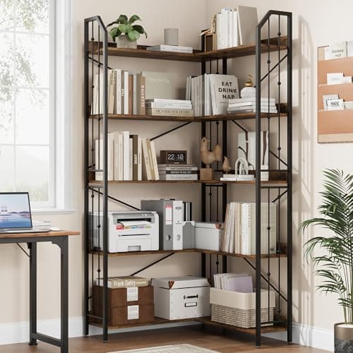 GarveeHome Corner Bookshelf 72" L Shaped Bookcase, Corner Bookshelves Industrial Bookcase 5 Tier L-Shape Bookshelf, Large Bookcases with Beaded Design Tall Display Rack Shelf for Living Room Bedroom - Thumbnail 3