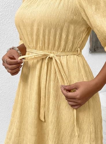 Dokotoo Dresses for Women 2026 Elegant Textured Tie Waist Button Backless Dress Short Lantern Sleeve Square-Neck Ruffle Summer Yellow Dress Plus Size A Line Dresses Small - Thumbnail 5