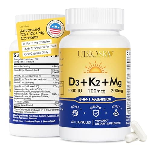 UBIOSKA Vitamin D3 K2 Magnesium Supplement – 5000 IU D3 + MK-7 K2 with 8-Form Magnesium (Glycinate, Taurate, Malate) for Calm Sleep, Stress Relief, Mood Balance & Strong Bones – 60 Capsules - Image 1